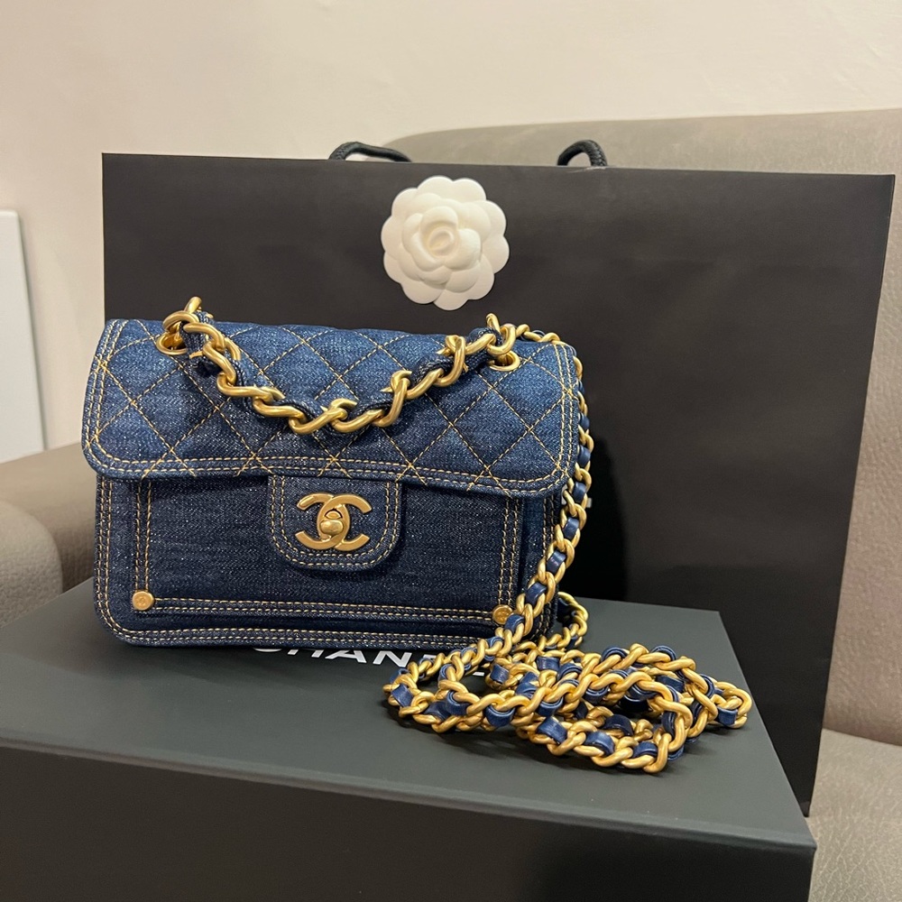Chanel Mini Flap Bag Denim Gold Hardware New with Box Bag and Camelia